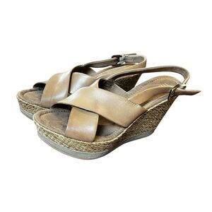 Sam Libby Edelman taupe gold espadrille leather wedge sandals like new 9
